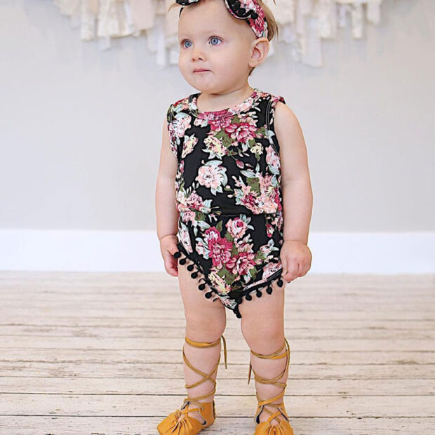 Black Floral 2-piece Bodysuit Designed with Roses & Bandana Head Piece - Image 6