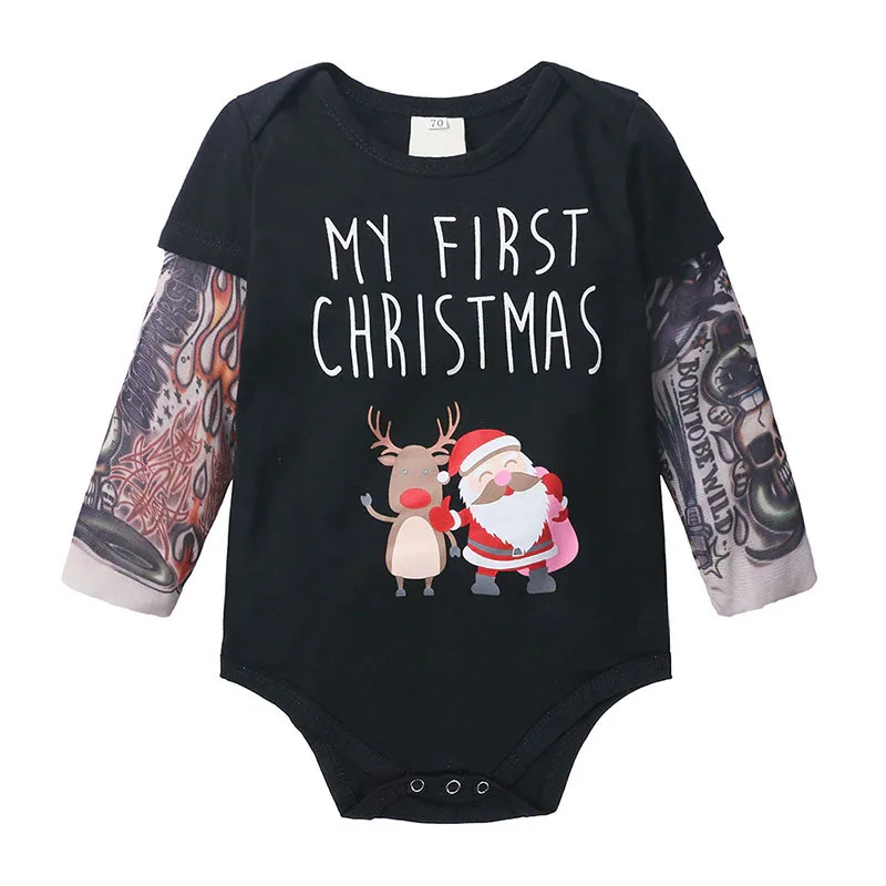 Born To be Wild Tattoo Sleeve Onesie with My First Christmas Letter Print Long Sleeve