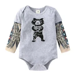 Born To Be Wild Tattoo Sleeve Onesie with Teddy Bear Print Long Sleeve