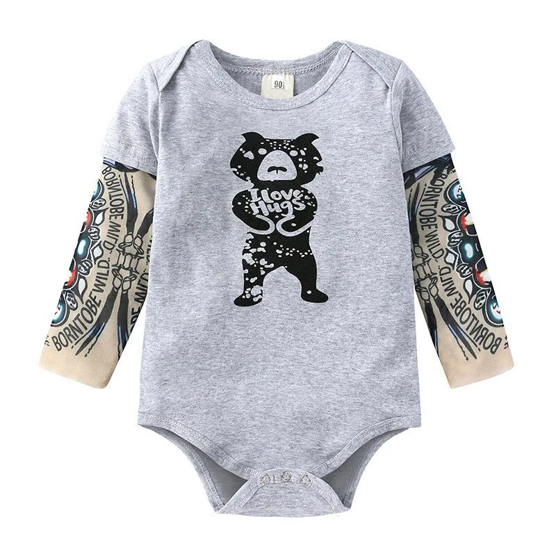 Born To Be Wild Tattoo Sleeve Onesie with Teddy Bear Print Long Sleeve