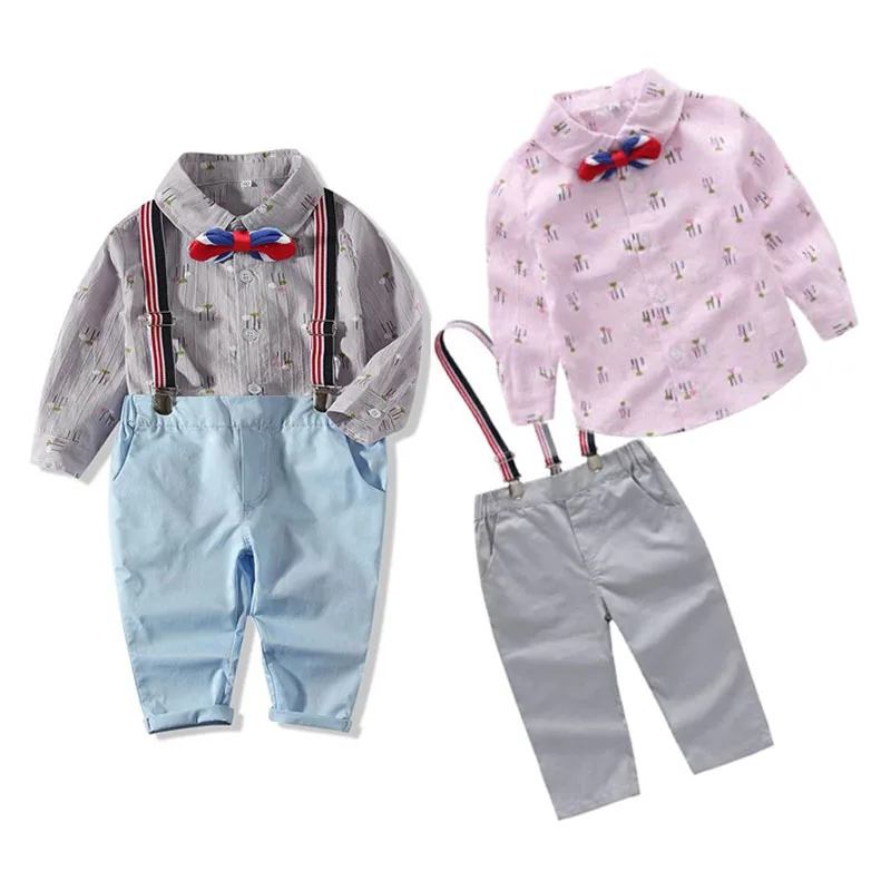 Baby Boy Bow Tie Button Shirt, Suspenders Belt Pants 2 pcs