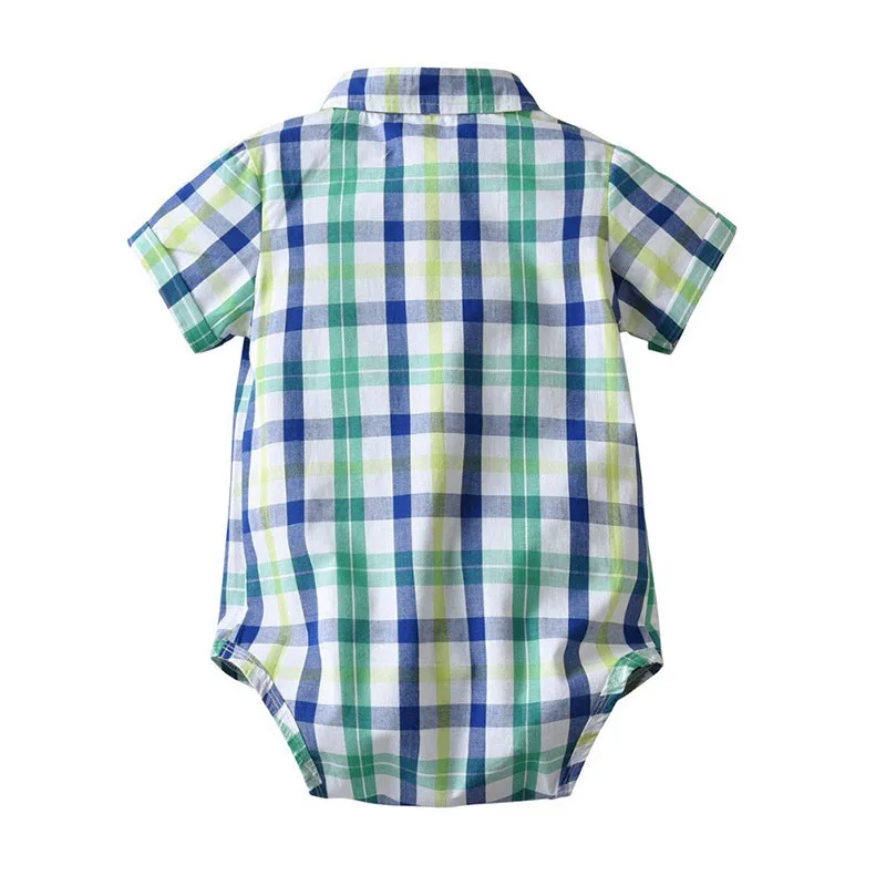 Baby Boy Bow Tie Checkered Polo Onesie, Suspenders Shorts 4 pcs Outfit - Image 2