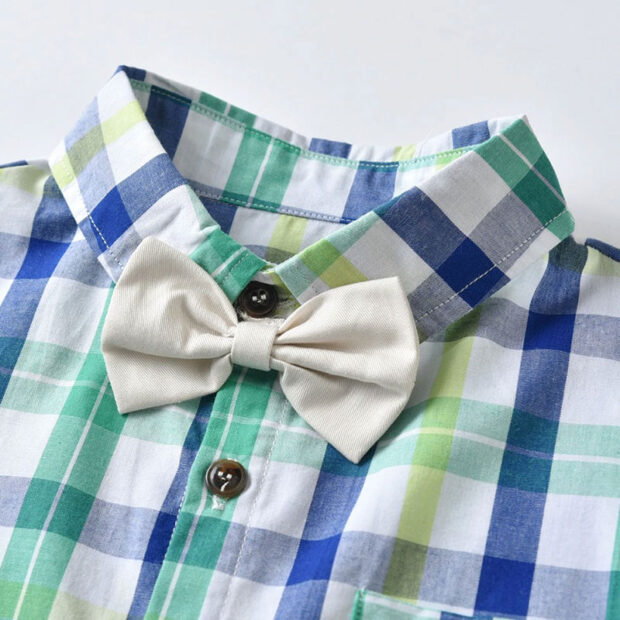 Baby Boy Bow Tie Checkered Polo Onesie, Suspenders Shorts 4 pcs Outfit - Image 3