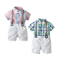 Baby Boy Bow Tie Checkered Polo Onesie, Suspenders Shorts 4 pcs Outfit