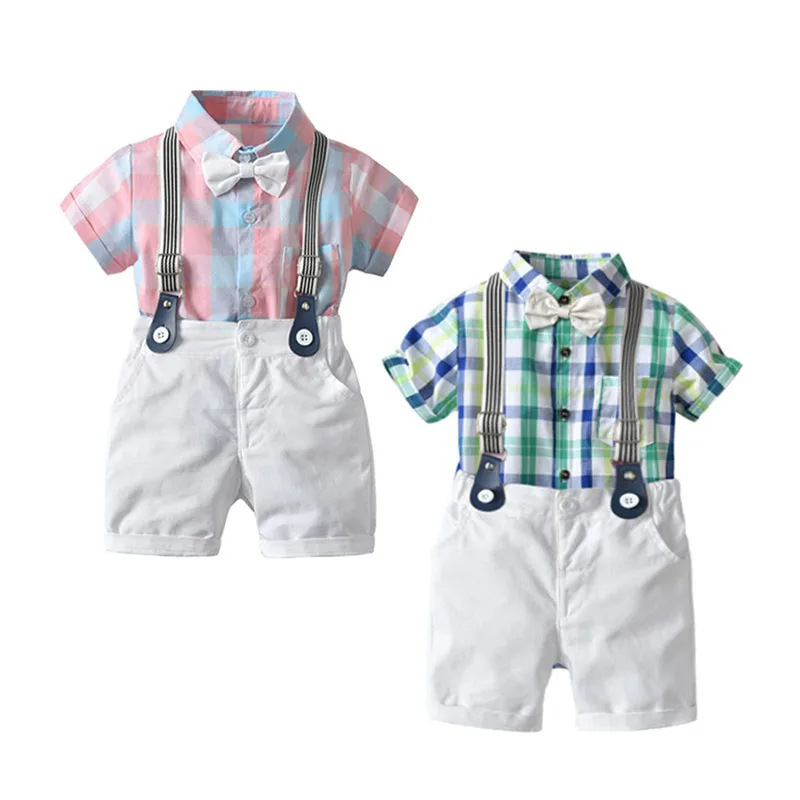 Baby Boy Bow Tie Checkered Polo Onesie, Suspenders Shorts 4 pcs Outfit