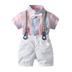 Baby Boy Bow Tie Checkered Polo Onesie, Suspenders Shorts 4 pcs Outfit