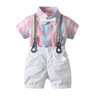 Baby Boy Checker Polo Suspenders Set