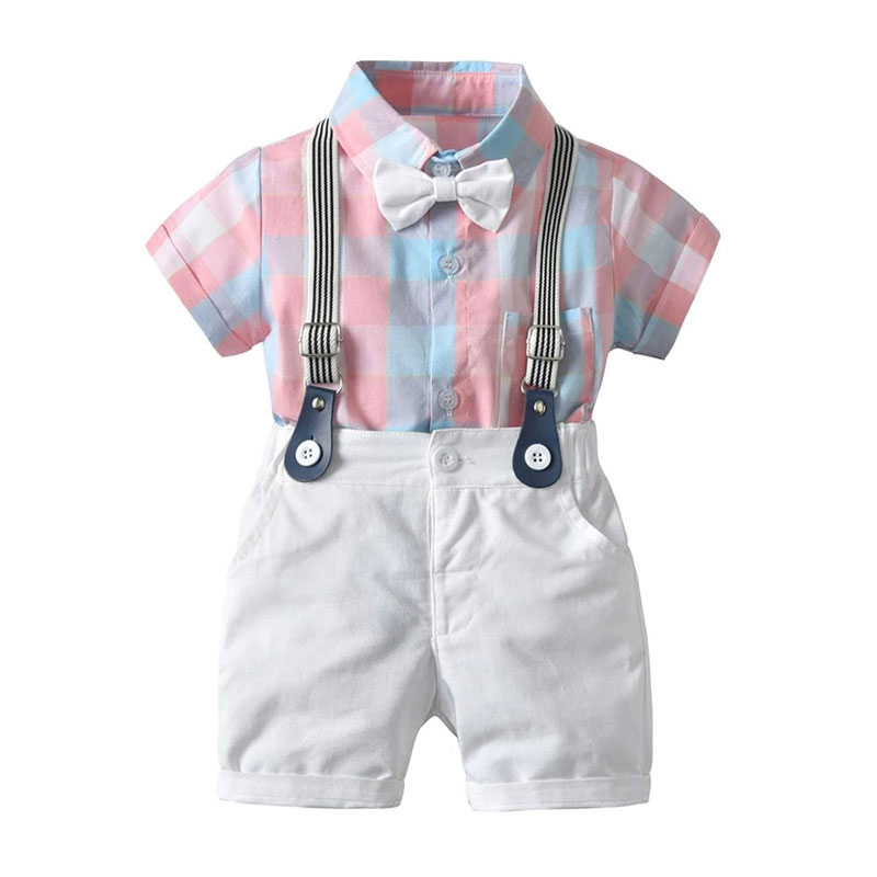 Baby Boy Bow Tie Checkered Polo Onesie, Suspenders Shorts pcs Outfit