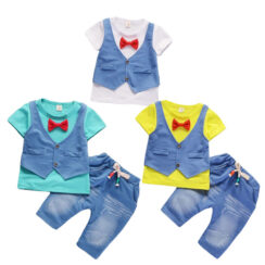 Bow Tie Pull Over Top with Vest & Elastic Shorts Short Sleeve Outfit