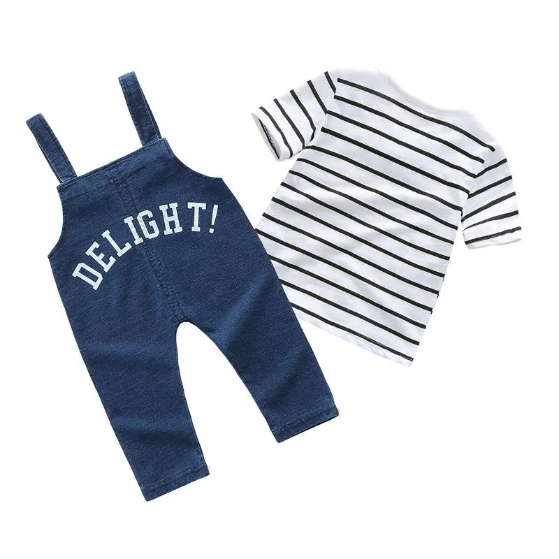 Baby Bow Tie Stripe T-Shirt & Wink Face Denim Overall Pants for Boys & Girls - Image 2