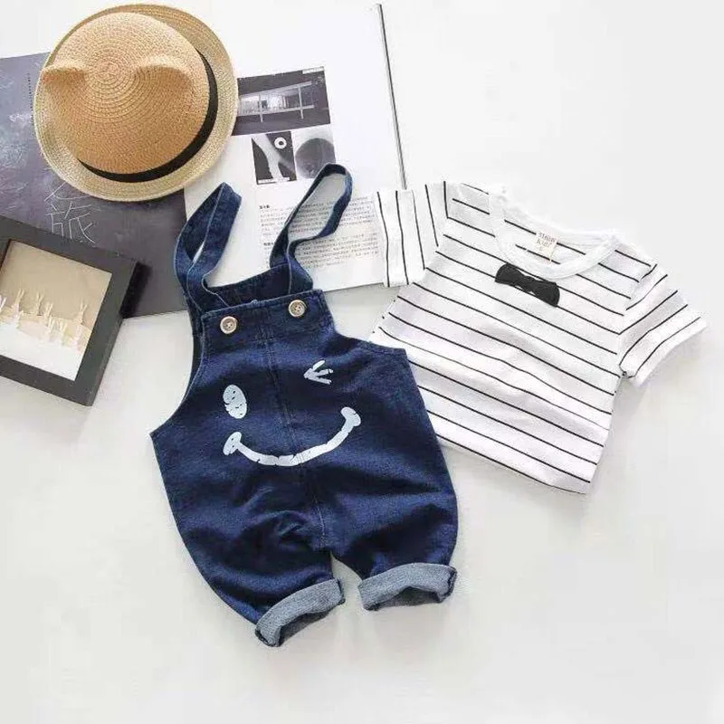Baby Bow Tie Stripe T-Shirt & Wink Face Denim Overall Pants for Boys & Girls