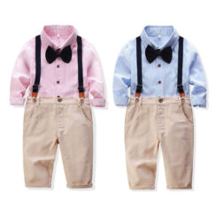 Baby Boy Gentlemen Bow Tie Stripe Dress Shirt Long Sleeve, Suspenders Pants 2 pcs Outfit