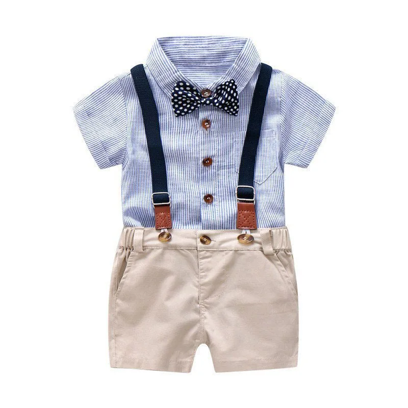Baby Business Suit Bow Tie Polo Button Onesie Bodysuit & Suspender Shorts for Boys