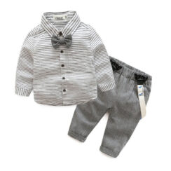 Long Sleeves Stripe T-Shirt Bowtie with Suspenders Trousers