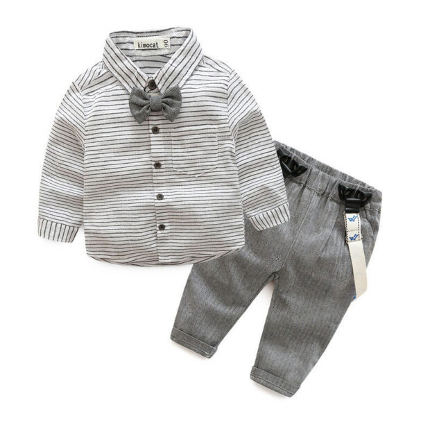 Long Sleeves Stripe T-Shirt Bowtie with Suspenders Trousers