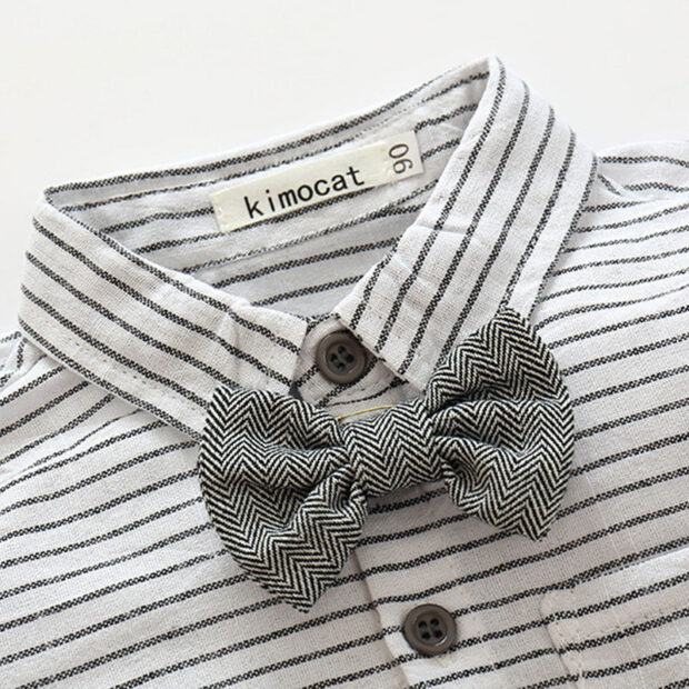 Long Sleeves Stripe T-Shirt Bowtie with Suspenders Trousers - Image 4