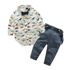Dino Print Bowtie Button Shirt Bodysuit with Suspenders Trousers