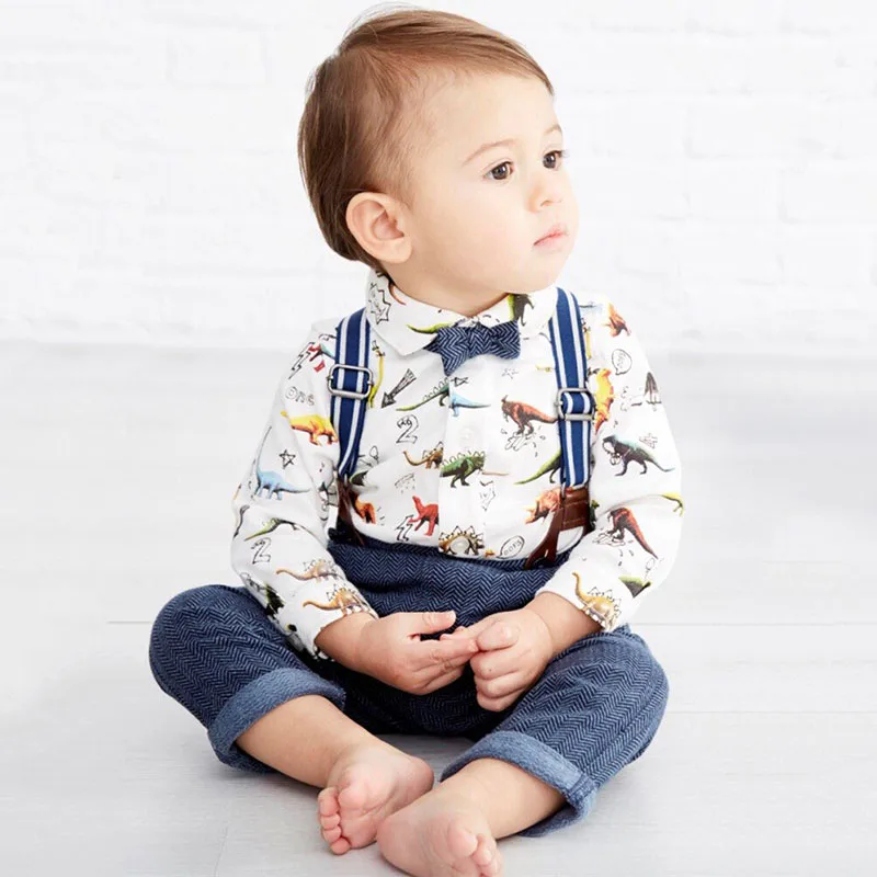 Dino Print Bowtie Button Shirt Bodysuit with Suspenders Trousers - Image 14