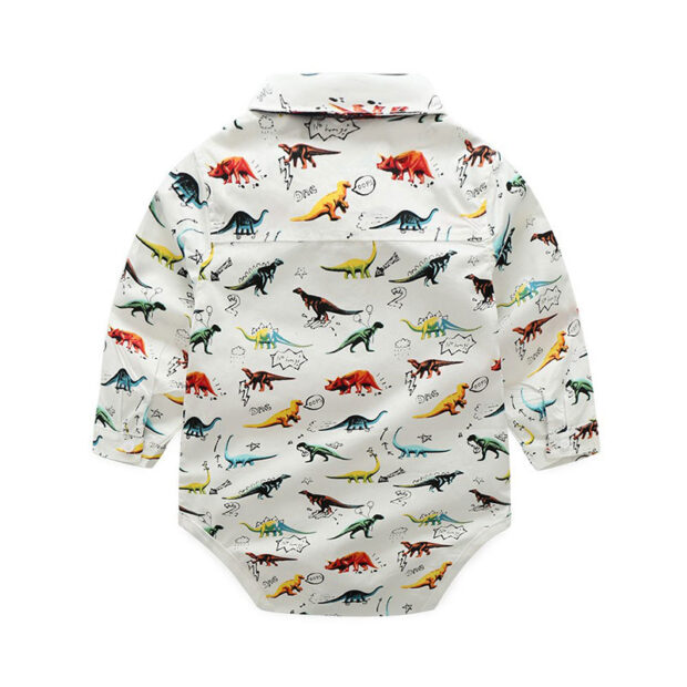 Dino Print Bowtie Button Shirt Bodysuit with Suspenders Trousers - Image 3