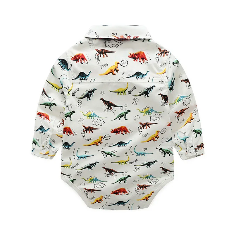 Dino Print Bowtie Button Shirt Bodysuit with Suspenders Trousers - Image 3