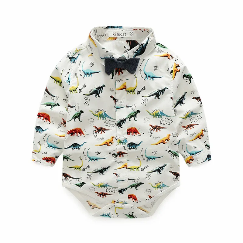 Dino Print Bowtie Button Shirt Bodysuit with Suspenders Trousers - Image 2