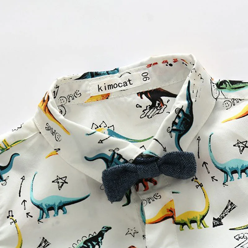 Dino Print Bowtie Button Shirt Bodysuit with Suspenders Trousers - Image 4