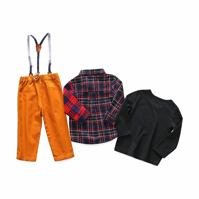 Baby Boy Plaid Pattern Button Shirt, Solid T-Shirt & Pants with Braces Long Sleeve 4 pcs Set - Image 2