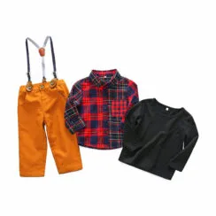 Baby Boy Plaid Pattern Button Shirt, Solid T-Shirt & Pants with Braces Long Sleeve 4 pcs Set