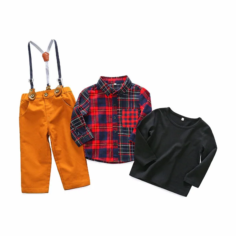 Baby Boy Plaid Pattern Button Shirt, Solid T-Shirt & Pants with Braces Long Sleeve 4 pcs Set