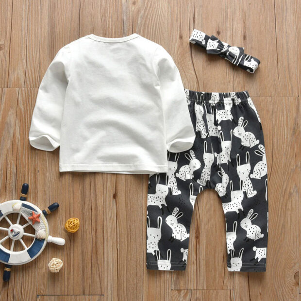 Baby Cartoon Bunny Applique Shirt & Pants Long Sleeve with Ribbon Headband - Image 2