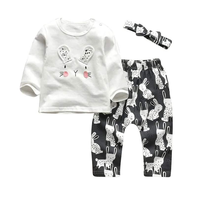 Baby Cartoon Bunny Applique Shirt & Pants Long Sleeve with Ribbon Headband