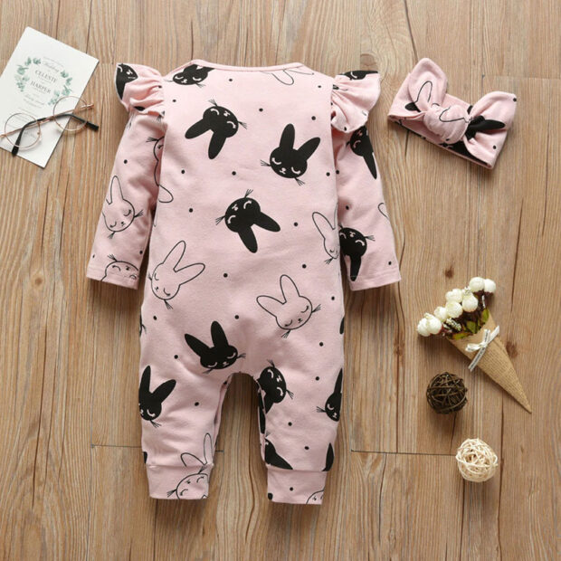 Baby Girl Bunny Face Jumpsuit Long Sleeve & Ribbon Bow Headband - Image 2