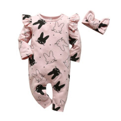 Baby Girl Bunny Face Jumpsuit Long Sleeve & Ribbon Bow Headband