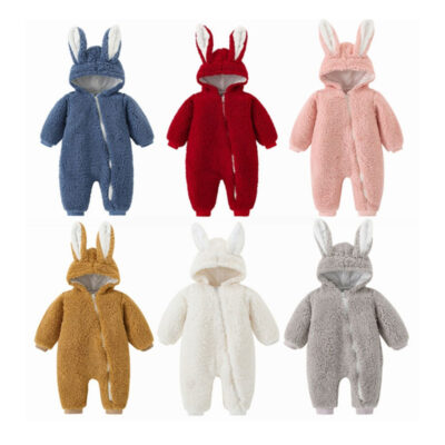 Bunny Ear Fleece Hooded One-Piece Outerwear Zip Up Long Sleeve