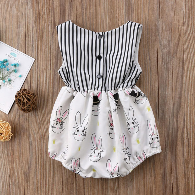 Stylish Pink Ribbon Stripe Top with Bunny Print Bottom Bodysuit Romper - Image 3