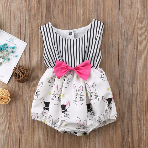 Stylish Pink Ribbon Stripe Top with Bunny Print Bottom Bodysuit Romper - Image 2