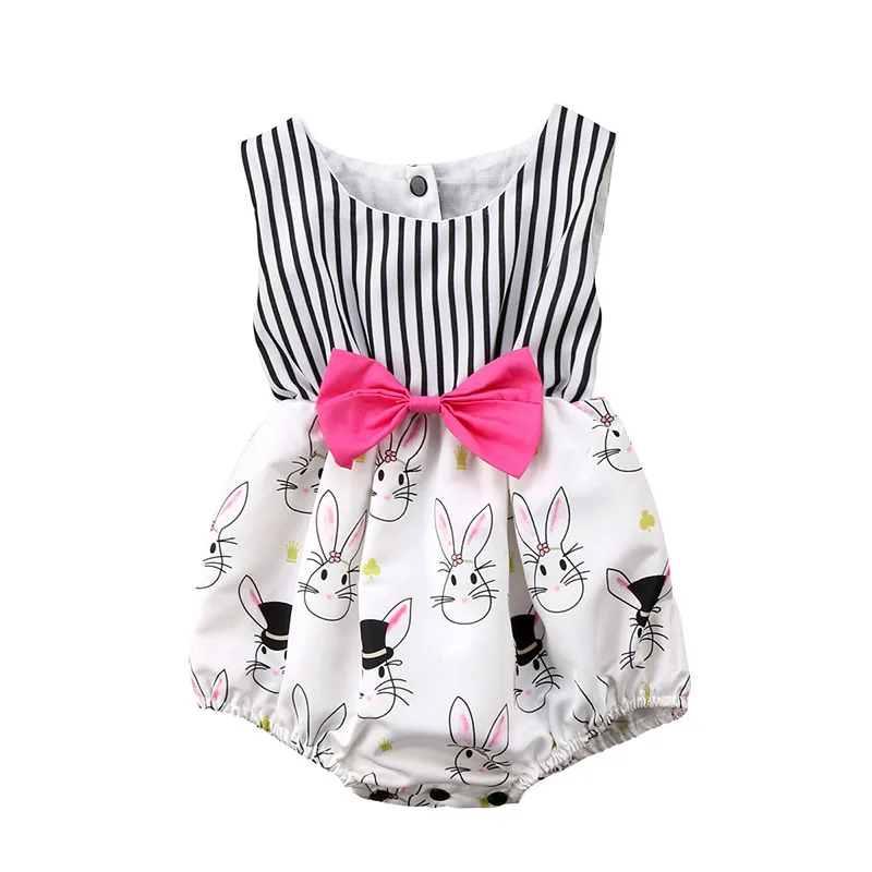 Stylish Pink Ribbon Stripe Top with Bunny Print Bottom Bodysuit Romper
