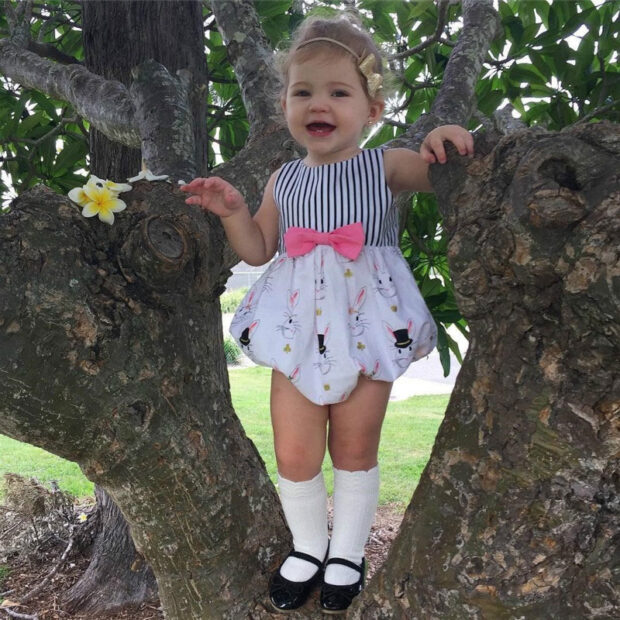Stylish Pink Ribbon Stripe Top with Bunny Print Bottom Bodysuit Romper - Image 8