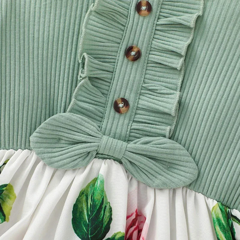 Butterfly Flower Pattern Dress One-Piece with Ribbed Pattern Top Long Sleeve - Image 3