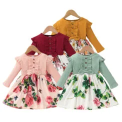 Butterfly Flower Pattern Dress One-Piece with Ribbed Pattern Top Long Sleeve