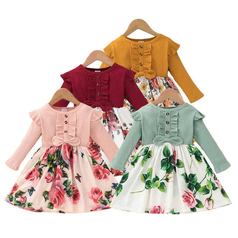 Butterfly Flower Pattern Dress One-Piece with Ribbed Pattern Top Long Sleeve