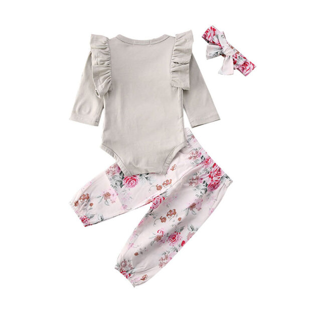 Baby Girl Butterfly Shoulder Onesie, Ribbon Drawstring Flower Pants, Headband 3 pcs Set - Image 2