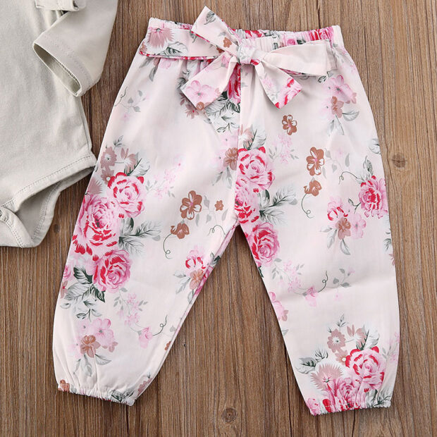 Baby Girl Butterfly Shoulder Onesie, Ribbon Drawstring Flower Pants, Headband 3 pcs Set - Image 5
