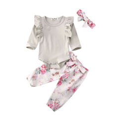 Baby Girl Butterfly Shoulder Onesie, Ribbon Drawstring Flower Pants, Headband 3 pcs Set