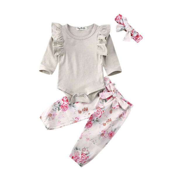 Baby Girl Butterfly Shoulder Onesie, Ribbon Drawstring Flower Pants, Headband 3 pcs Set