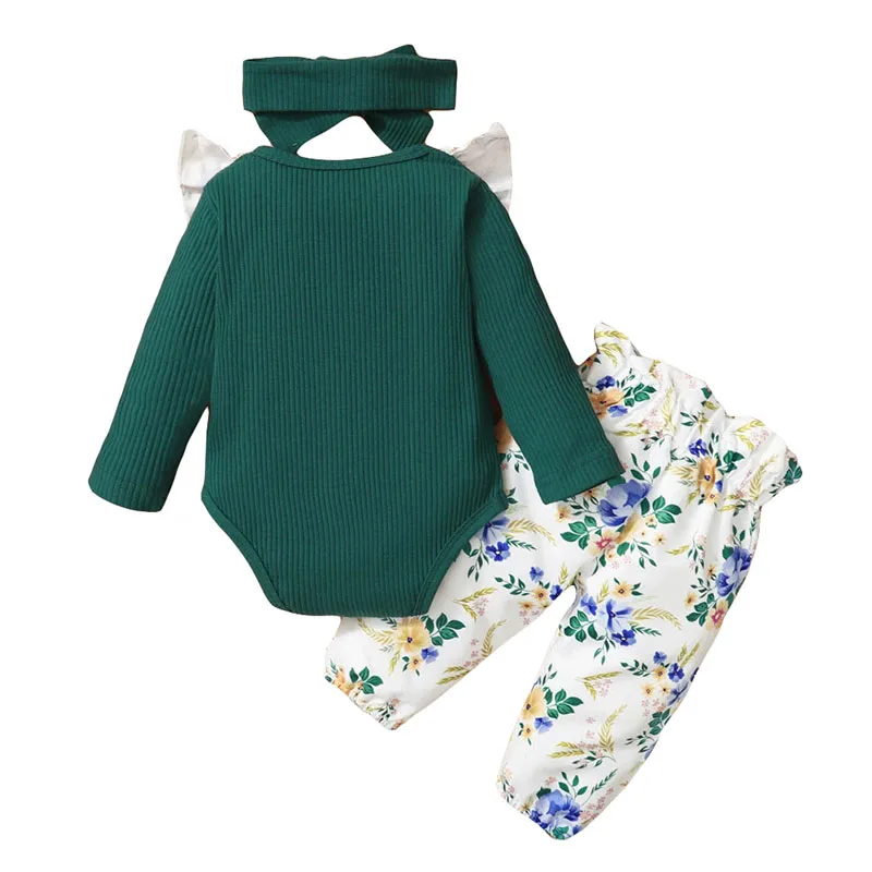 Butterfly Shoulders Ribbed Style Onesie & Floral Pattern Pants with Ribbon Headband Long Sleeve - Image 2
