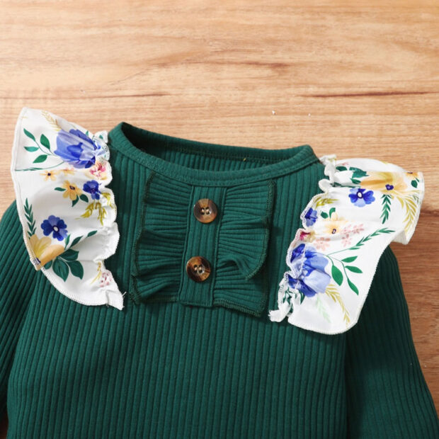 Butterfly Shoulders Ribbed Style Onesie & Floral Pattern Pants with Ribbon Headband Long Sleeve - Image 3