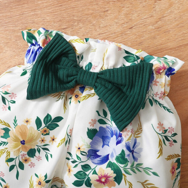 Butterfly Shoulders Ribbed Style Onesie & Floral Pattern Pants with Ribbon Headband Long Sleeve - Image 5