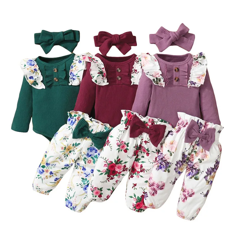 Butterfly Shoulders Ribbed Style Onesie & Floral Pattern Pants with Ribbon Headband Long Sleeve