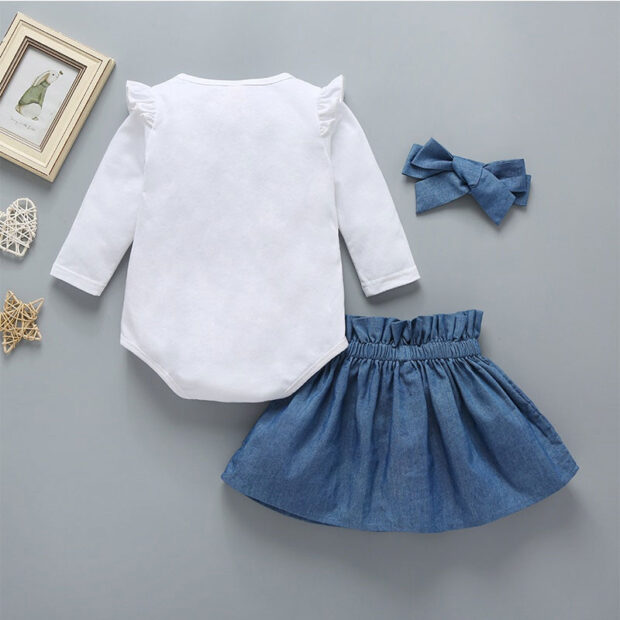 Butterfly Shoulders Solid Onesie Long Sleeve & Ribbon Ruffled Skirt with Headband for Girls - Image 2